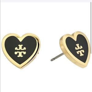 Tory Burch black + gold logo heart stud earrings